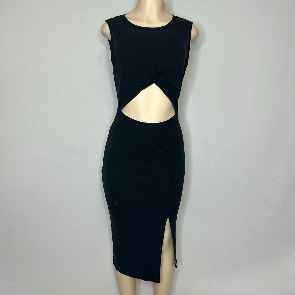 OTEN Black Ribbed Cutout Midi Dress Sleeveless Side Slit Size Large